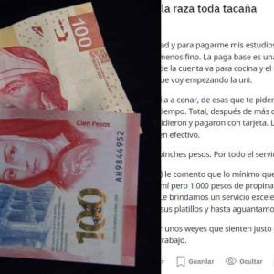 "Raza tacaña", mesero denuncia propina de 100 pesos por una cuenta de 10 mil
